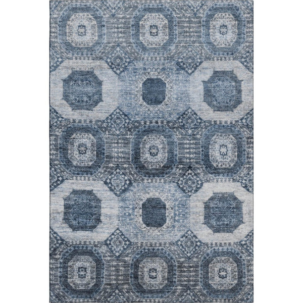 HomeRoots 8' Blue And Ivory Abstract Geometric Round Rug - Washable, Stain-Resistant, UV-Protected Design 708304