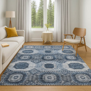 HomeRoots 8' Blue And Ivory Abstract Geometric Round Rug - Washable, Stain-Resistant, UV-Protected Design 708304