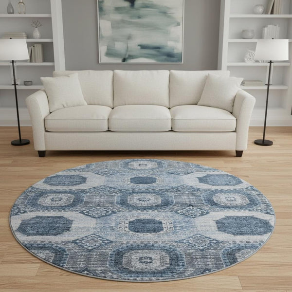 HomeRoots 8' X 10' Abstract Blue and Ivory Geometric Washable Area Rug with Stain Resistance & UV Protection 708305