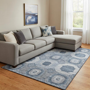 HomeRoots 9' X 12' Blue And Ivory Abstract Geometric Area Rug – Stylish, Durable & Washable with UV Protection 708306