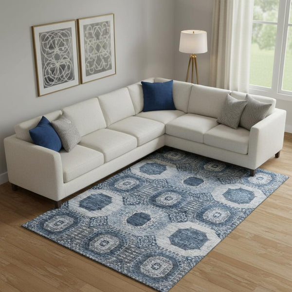 HomeRoots 10' X 14' Blue & Ivory Geometric Washable Area Rug – Stylish, Durable, UV-Protected for Family Homes 708307