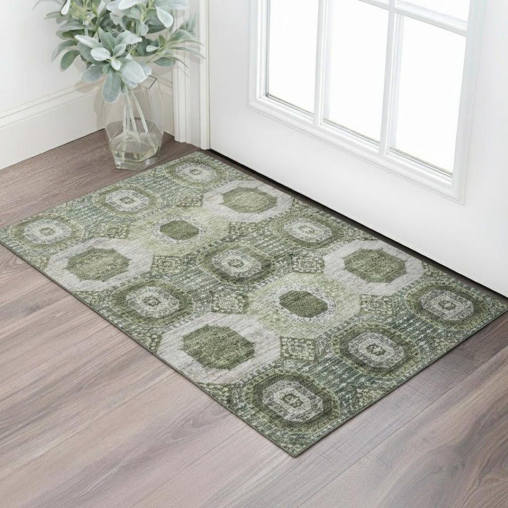 HomeRoots 5' X 8' Olive Green Beige Abstract Geometric Area Rug - Washable, UV-Protected, Pet-Friendly Design! 708309