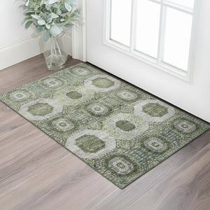 HomeRoots 5' X 8' Olive Green Beige Abstract Geometric Area Rug - Washable, UV-Protected, Pet-Friendly Design! 708309