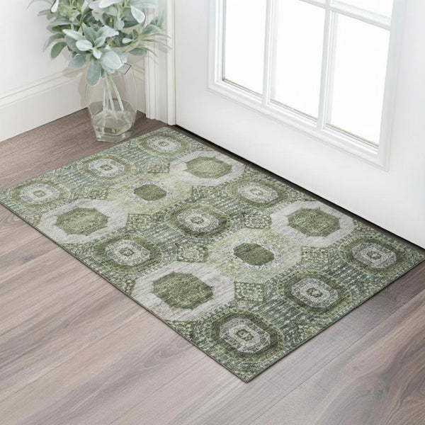 HomeRoots 5' X 8' Olive Green Beige Abstract Geometric Area Rug - Washable, UV-Protected, Pet-Friendly Design! 708309