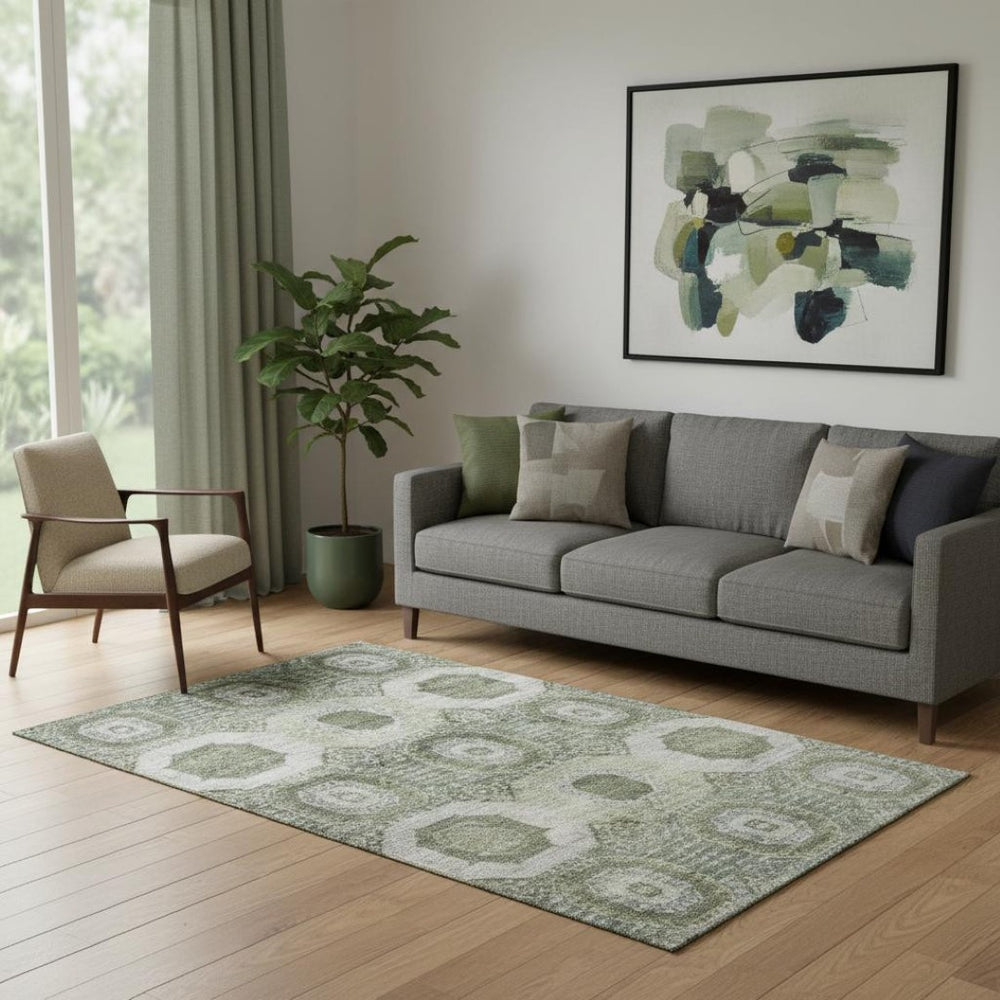 HomeRoots 8' Olive Green & Beige Abstract Geometric Washable Round Rug with UV Protection for Modern Spaces 708310
