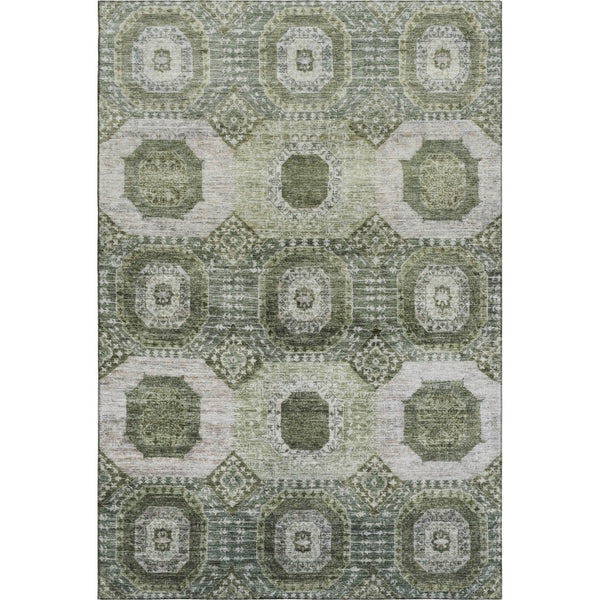 HomeRoots 8' Olive Green & Beige Abstract Geometric Washable Round Rug with UV Protection for Modern Spaces 708310