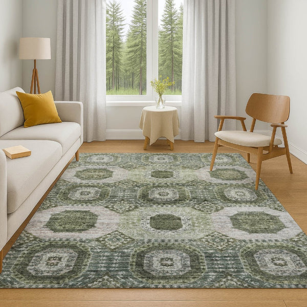 HomeRoots 8' Olive Green & Beige Abstract Geometric Washable Round Rug with UV Protection for Modern Spaces 708310