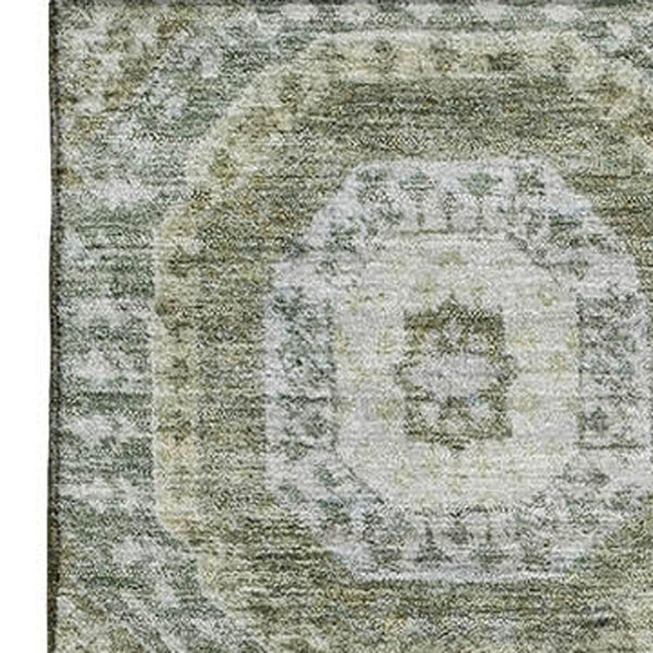 HomeRoots 8' Olive Green & Beige Abstract Geometric Washable Round Rug with UV Protection for Modern Spaces 708310