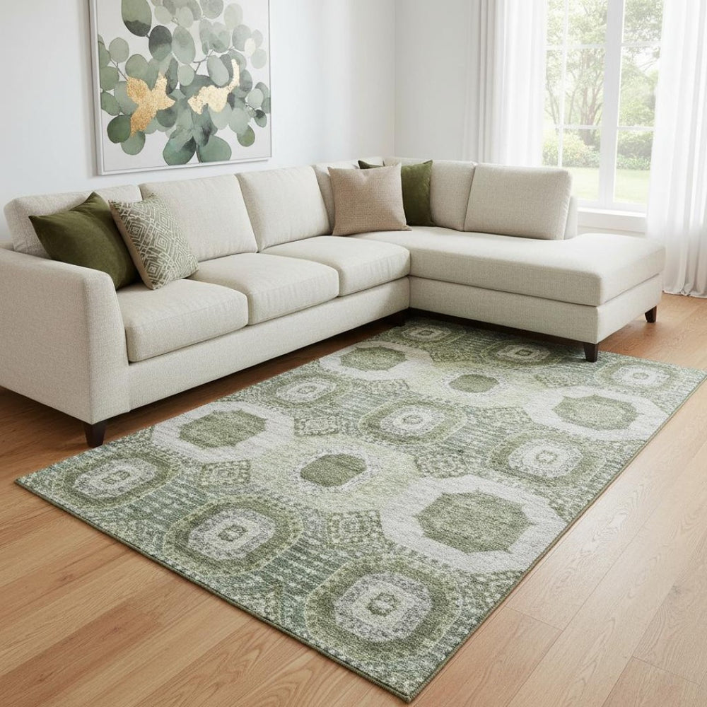 HomeRoots 9' X 12' Olive Green & Beige Geometric Washable Area Rug - UV Protected, Durable, Pet-Friendly Design 708312