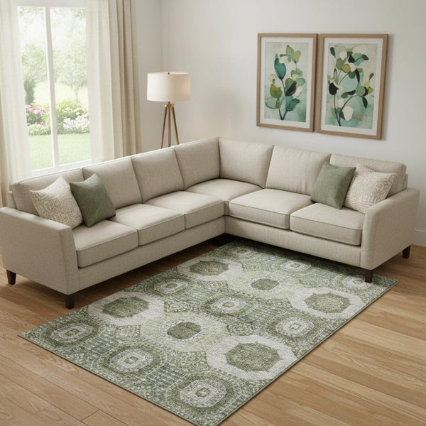 HomeRoots 10' Olive Green & Beige Abstract Geometric Washable Area Rug with UV Protection for Busy Homes 708313