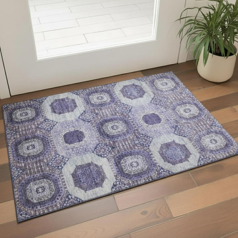 HomeRoots 5' X 8' Contemporary Purple & Silver Abstract Geometric Washable Area Rug with UV Protection & Non-Slip 708315