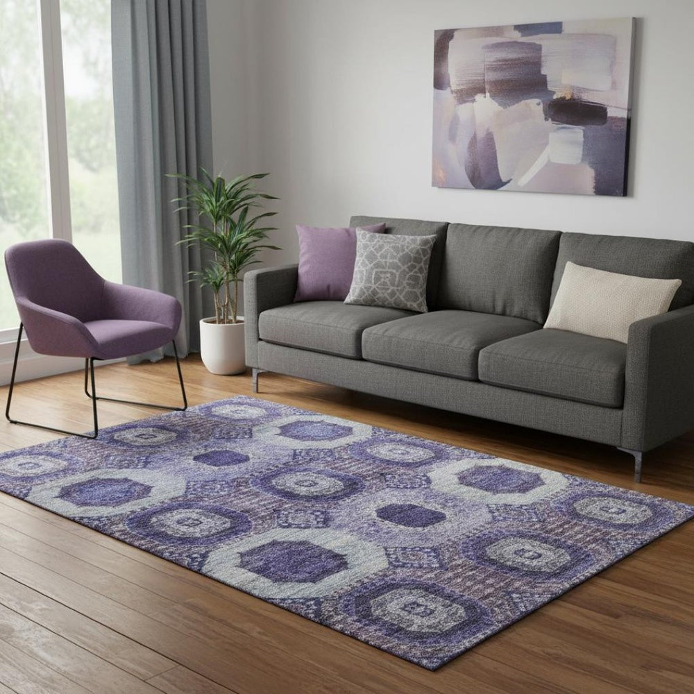 HomeRoots 8' Purple and Silver Abstract Geometric Round Rug - Washable, UV-Resistant, and Kid-Friendly Design! 708316