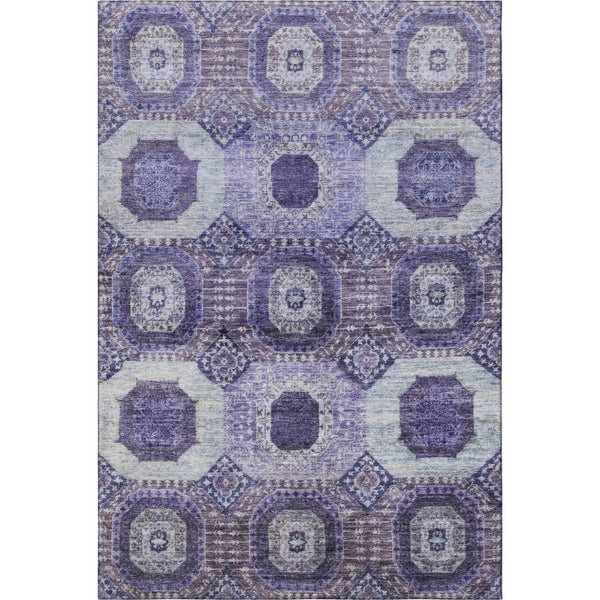 HomeRoots 8' Purple and Silver Abstract Geometric Round Rug - Washable, UV-Resistant, and Kid-Friendly Design! 708316