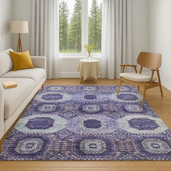 HomeRoots 9' X 12' Purple & Silver Abstract Geometric Washable Area Rug – Durable, UV-Protected, Modern Style! 708318