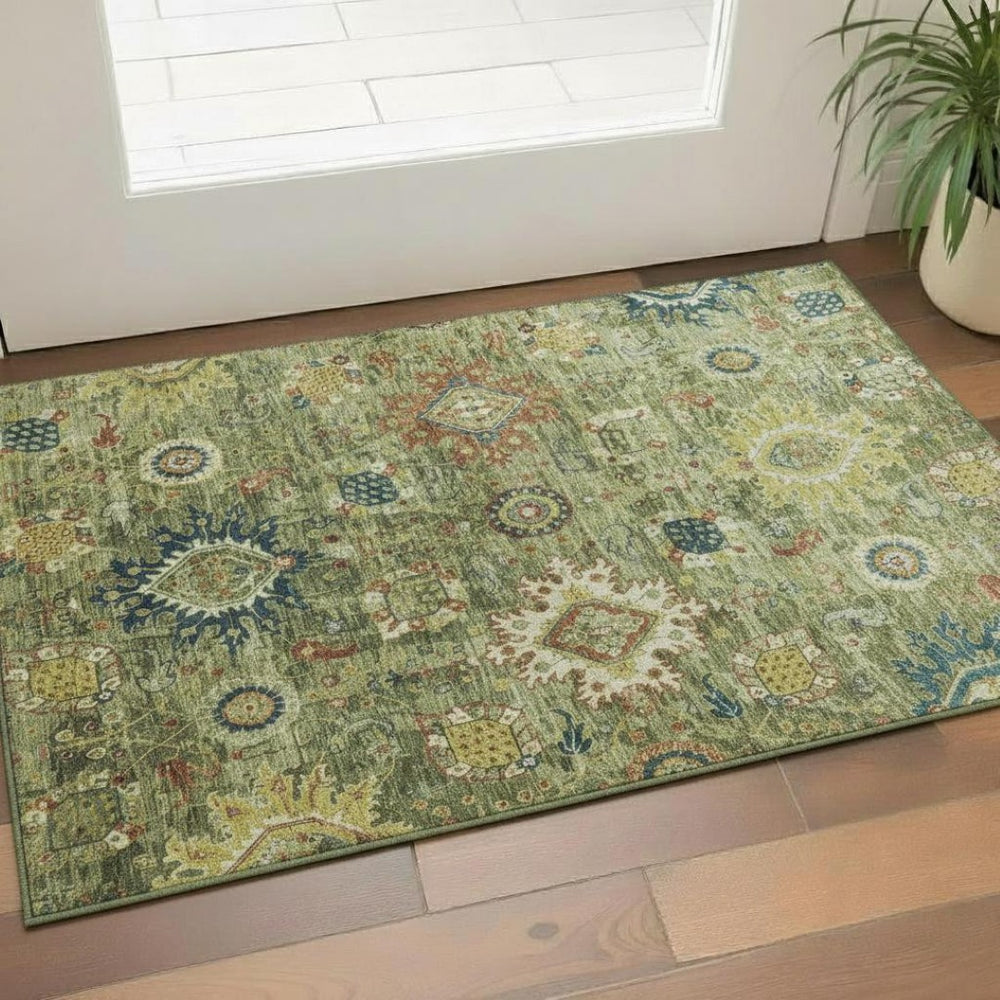 HomeRoots 5' X 8' Artichoke Green Oriental Area Rug - Stain Resistant, UV Protected, Non-Slip Backing, Durable Design 708321