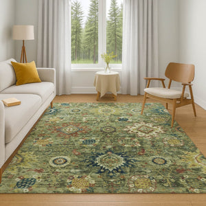 HomeRoots 5' X 8' Artichoke Green Oriental Area Rug - Stain Resistant, UV Protected, Non-Slip Backing, Durable Design 708321