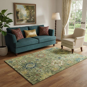 HomeRoots 8' Artichoke Green Round Oriental Rug - Washable, Durable, UV Protected, Ideal for High-Traffic Areas 708322