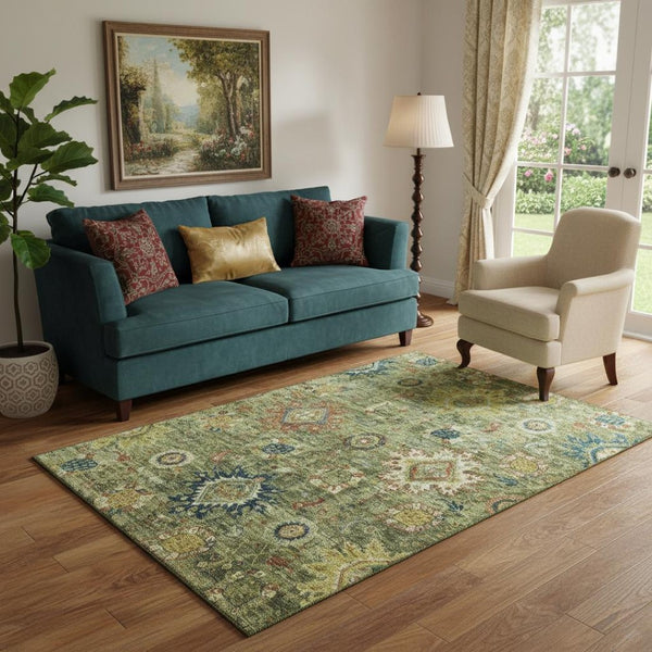 HomeRoots 8' Artichoke Green Round Oriental Rug - Washable, Durable, UV Protected, Ideal for High-Traffic Areas 708322