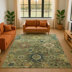 HomeRoots 8' Artichoke Green Round Oriental Rug - Washable, Durable, UV Protected, Ideal for High-Traffic Areas 708322