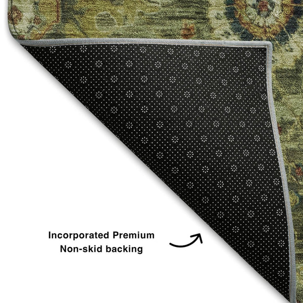 HomeRoots 8' Artichoke Green Round Oriental Rug - Washable, Durable, UV Protected, Ideal for High-Traffic Areas 708322