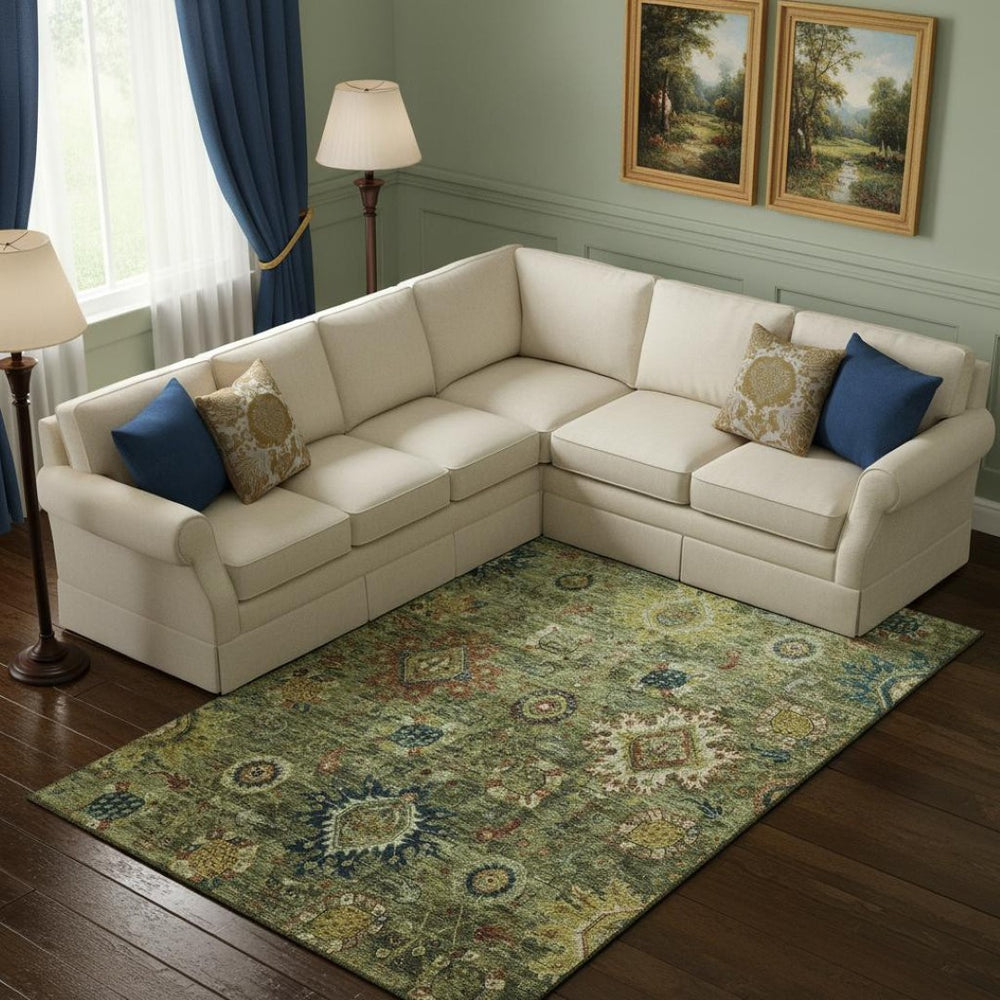 HomeRoots 10' X 14' Artichoke Green Rug - Elegant Oriental Design with UV Protection, Washable & Stain-Resistant! 708325
