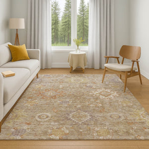 HomeRoots 8' Elegant Beige Ivory Gold Oriental Round Rug - Washable, UV Protected, Stain Resistant & Durable 708328