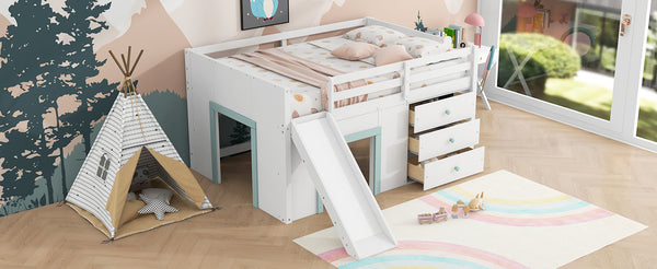 English Elm Full Size Low Loft Bed With Fun Slide, Ample Storage Drawers, And Sturdy Pine Construction - White N7090005003K