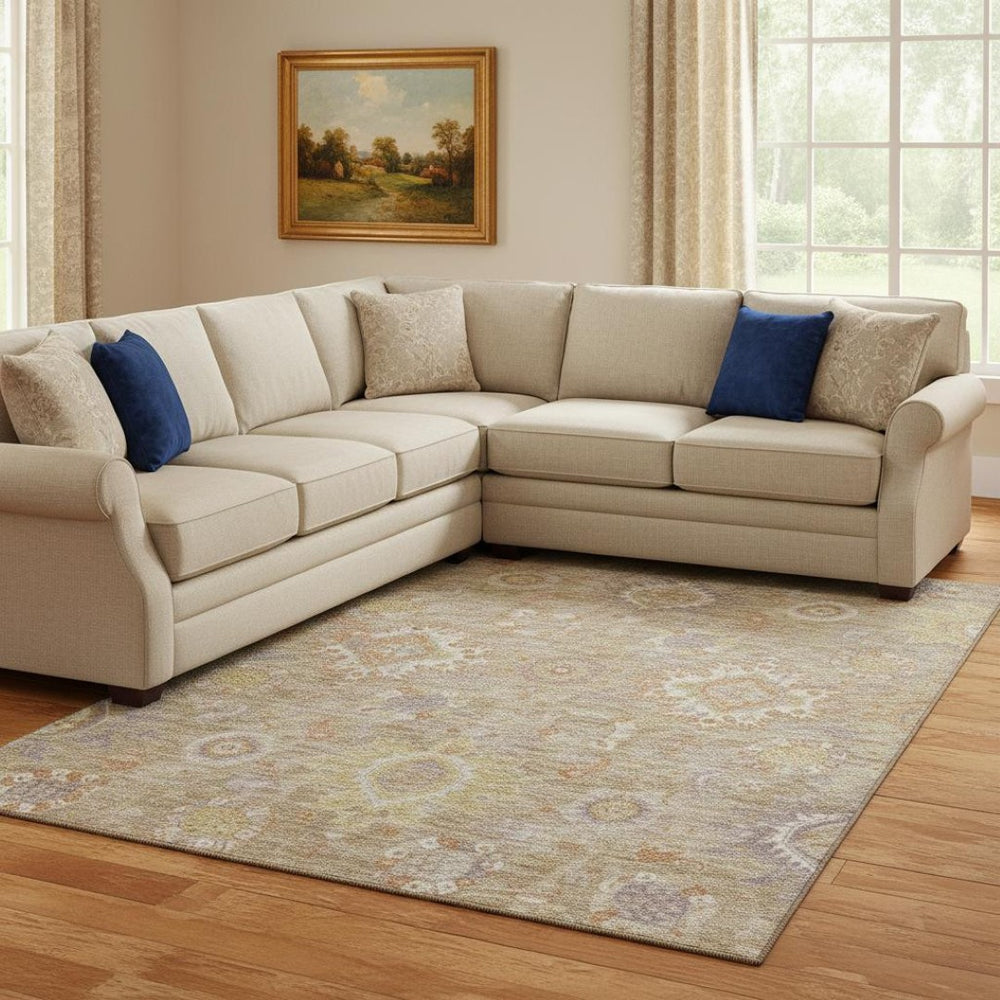 HomeRoots 9' X 12' Beige Ivory Gold Oriental Area Rug – Washable, UV Protected, Durable & Easy-Care Design 708330