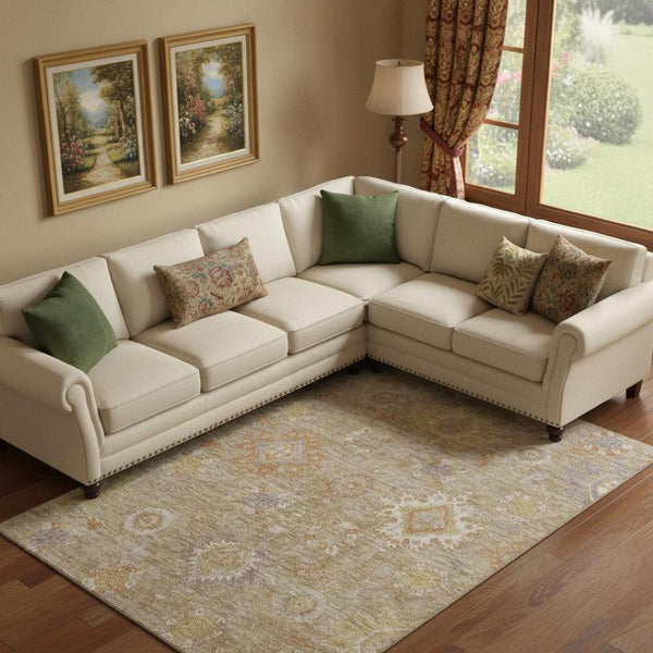 HomeRoots 10' X 14' Beige Ivory Gold Oriental Area Rug - Washable & Stain Resistant with UV Protection 708331
