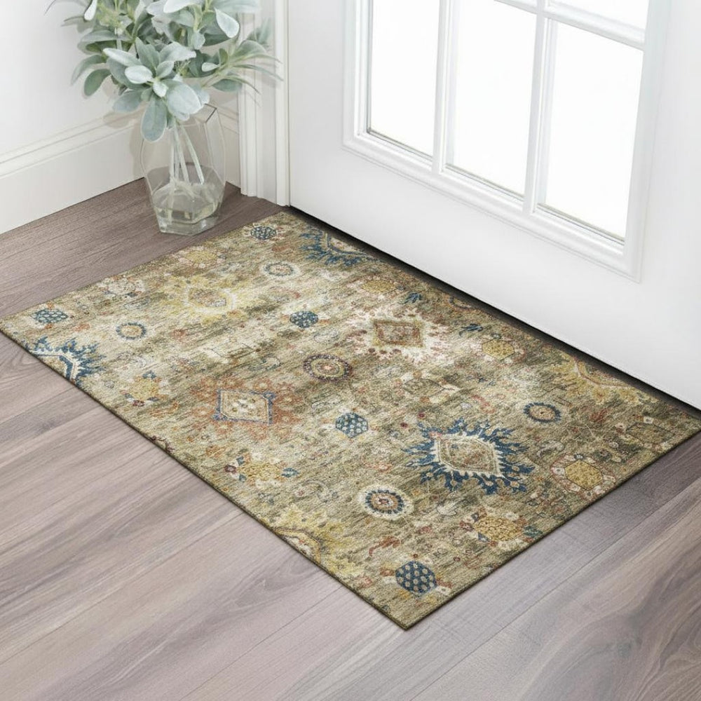 HomeRoots 5' X 8' Brown Blue and Gold Oriental Area Rug – Washable, UV Protected, Family & Pet-Friendly Decor 708333
