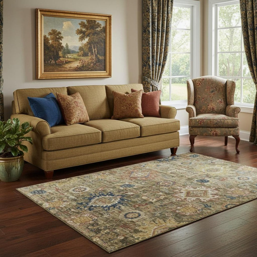 HomeRoots 8' Elegant Brown, Blue & Gold Oriental Washable Round Rug with UV Protection for Easy Care & Style 708334
