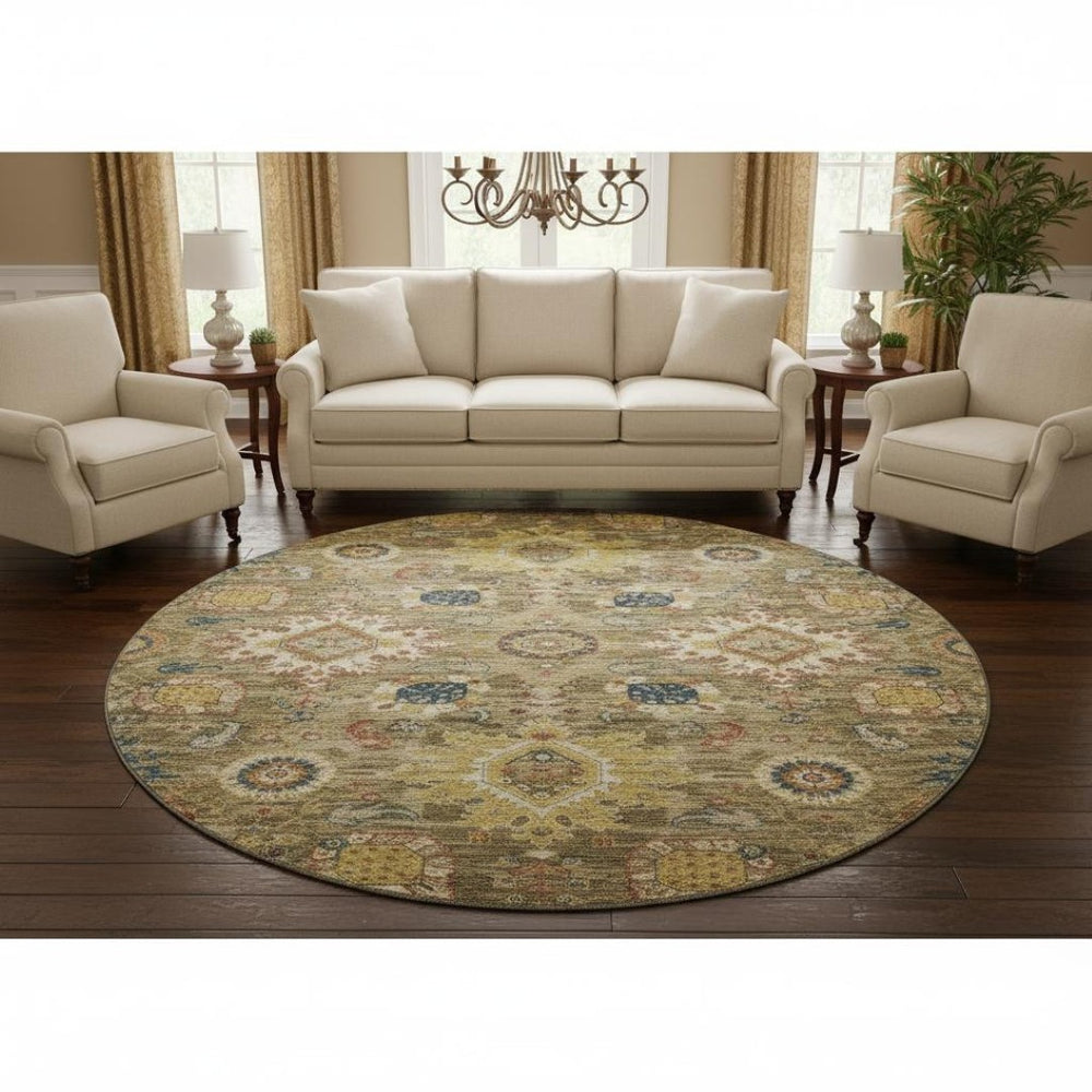 HomeRoots 8' X 10' Washable Oriental Area Rug in Brown, Blue & Gold - UV Protected, Stain-Resistant Elegance 708335