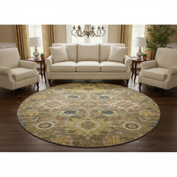 HomeRoots 8' X 10' Washable Oriental Area Rug in Brown, Blue & Gold - UV Protected, Stain-Resistant Elegance 708335