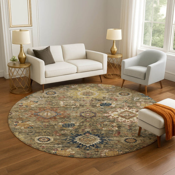 HomeRoots 8' X 10' Washable Oriental Area Rug in Brown, Blue & Gold - UV Protected, Stain-Resistant Elegance 708335