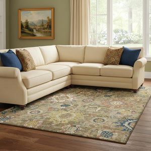 HomeRoots 9' X 12' Washable Brown, Blue & Gold Oriental Area Rug - Stain Resistant, UV Protection, Non-Slip Backing 708336