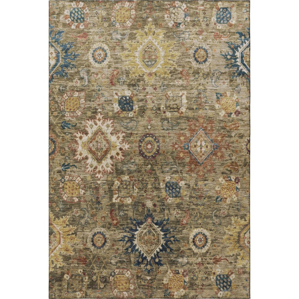 HomeRoots 9' X 12' Washable Brown, Blue & Gold Oriental Area Rug - Stain Resistant, UV Protection, Non-Slip Backing 708336