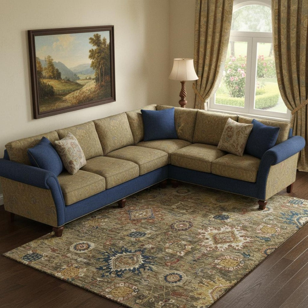 HomeRoots 10' X 14' Brown Blue Gold Washable Oriental Area Rug - UV Protected, Stain-Resistant, Non-Slip Design 708337