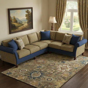 HomeRoots 10' X 14' Brown Blue Gold Washable Oriental Area Rug - UV Protected, Stain-Resistant, Non-Slip Design 708337