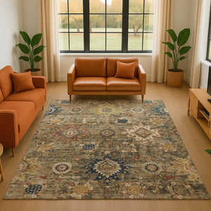 HomeRoots 10' X 14' Brown Blue Gold Washable Oriental Area Rug - UV Protected, Stain-Resistant, Non-Slip Design 708337