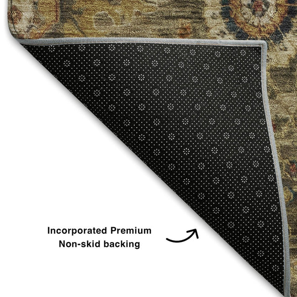 HomeRoots 10' X 14' Brown Blue Gold Washable Oriental Area Rug - UV Protected, Stain-Resistant, Non-Slip Design 708337