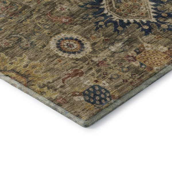 HomeRoots 10' X 14' Brown Blue Gold Washable Oriental Area Rug - UV Protected, Stain-Resistant, Non-Slip Design 708337