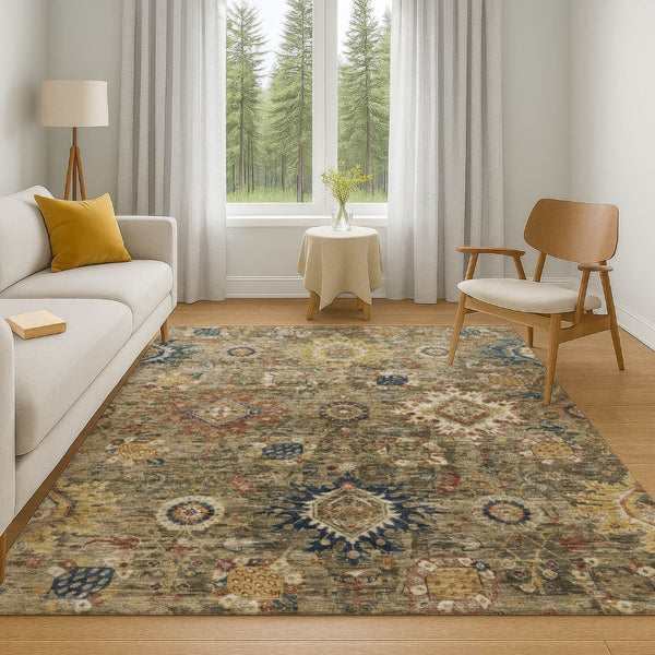 HomeRoots 10' X 14' Brown Blue Gold Washable Oriental Area Rug - UV Protected, Stain-Resistant, Non-Slip Design 708337