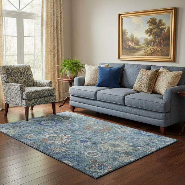 HomeRoots 8' Elegant Washable Oriental Round Rug in Blue, Rust & Ivory - UV Protected, Stain Resistant, Easy Care 708340