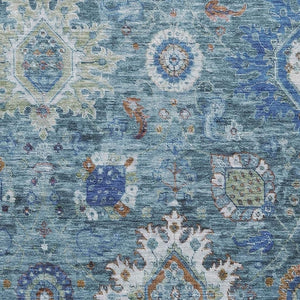 HomeRoots 8' Elegant Washable Oriental Round Rug in Blue, Rust & Ivory - UV Protected, Stain Resistant, Easy Care 708340