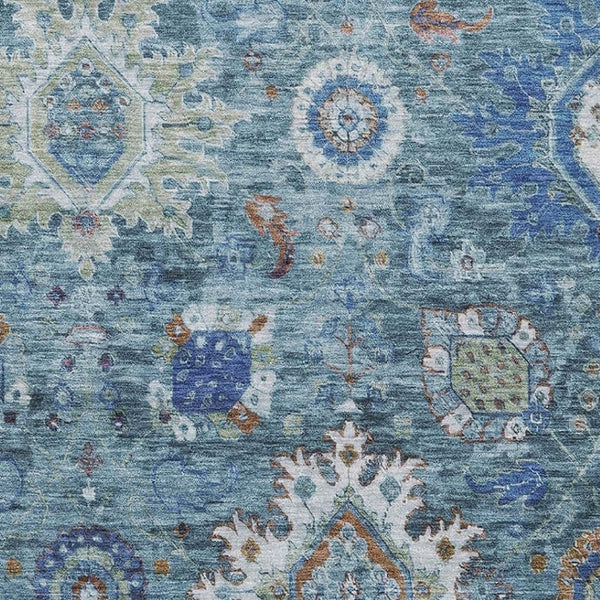 HomeRoots 8' Elegant Washable Oriental Round Rug in Blue, Rust & Ivory - UV Protected, Stain Resistant, Easy Care 708340