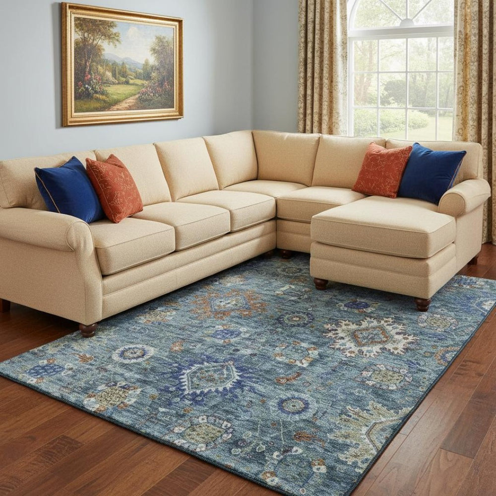 HomeRoots 9' X 12' Blue, Rust & Ivory Washable Oriental Area Rug – UV Protected, Stain-Resistant & Durable Design 708342