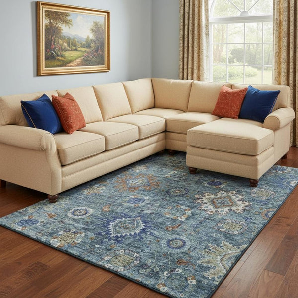 HomeRoots 9' X 12' Blue, Rust & Ivory Washable Oriental Area Rug – UV Protected, Stain-Resistant & Durable Design 708342