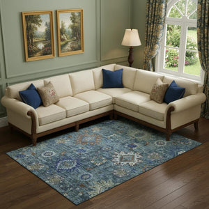 HomeRoots 10' X 14' Blue, Rust & Ivory Oriental Washable Area Rug - Durable, UV-Protected & Family-Friendly Decor 708343
