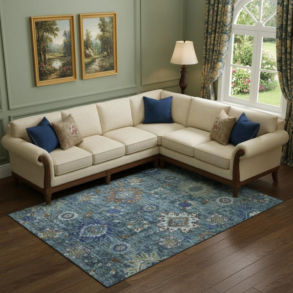 HomeRoots 10' X 14' Blue, Rust & Ivory Oriental Washable Area Rug - Durable, UV-Protected & Family-Friendly Decor 708343