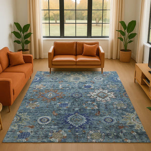 HomeRoots 10' X 14' Blue, Rust & Ivory Oriental Washable Area Rug - Durable, UV-Protected & Family-Friendly Decor 708343